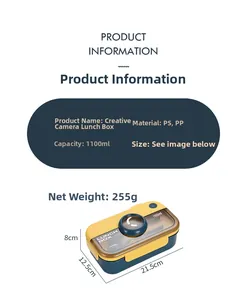Detailed specs of the camera-styled 1100ml lunch box with yellow and blue dual-tone finish