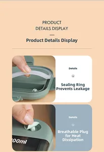 Detail of green lunch box featuring leak-proof silicone seal and ventilation plug