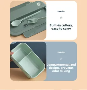 Detail of green lunch box lid showing cutlery storage and dual compartment interior