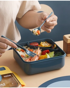 Deep blue 1000ml bento box with divided compartments, including fork and spoon set