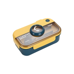 Square 1100ml divided plastic bento lunch box in yellow and blue with clear lid window