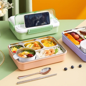 Boîte à lunch en acier inoxydable à 5 compartiments avec support de téléphone intégré