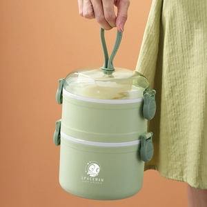 Dual-layer portable green stainless steel lunch box with handle and airtight locks