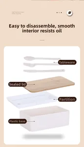 Detail view of bento box with wooden lid, removable partitions and utensil set