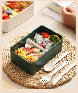 Détail d'une boîte bento verte avec compartiments blancs et couverts pour le déjeuner