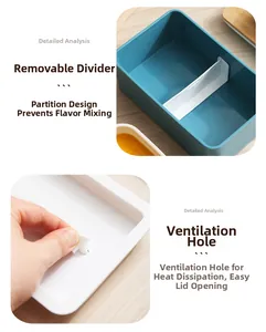 Detail of bento box with adjustable divider and silicone steam vent for heat release