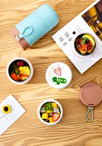 Close-up of double-layer stainless steel soup cup set with leak-proof compartments