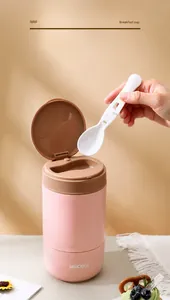 Pink stainless steel breakfast cup with folding spoon and double-layer storage design