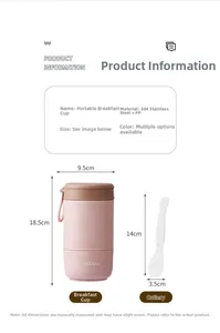 Detailed dimensions of 304 stainless steel breakfast cup and spoon set in pink and brown