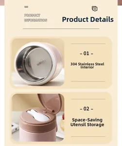 Detail of 304 stainless steel food jar with spoon storage and portable handle