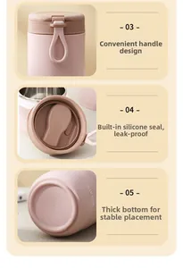 Pink stainless steel soup cup detail with portable handle and leak-proof silicone seal
