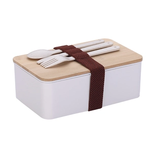 Boîte bento blanche style japonais avec couvercle en bambou et ensemble de couverts inclus