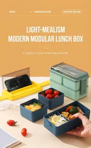 Double-layer lunch box with phone stand lid, 1400ml capacity and partitioned compartments