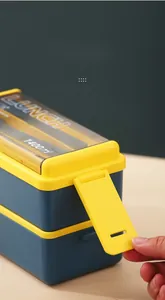 Detailed side view of 1400ml double-layer lunch box with secure sealing buckles