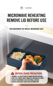 Blue dual-compartment lunch box being used inside a microwave for meal prep