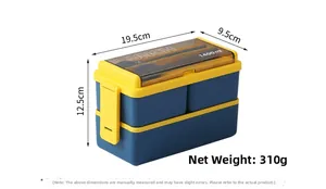 Detail view of 1400ml double-layer bento box with 19.5x9.5x12.5cm size markings