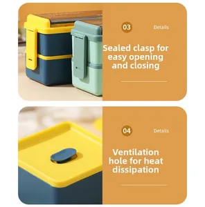 Detail of the airtight side buckles and top air vent on the double-layer lunch box