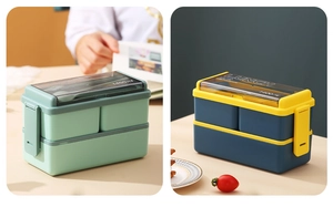 Detail of 1400ml double layer lunch box showing side buckles and utensils compartment