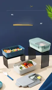 Close-up of portable divided lunch box featuring cutlery storage and three color options
