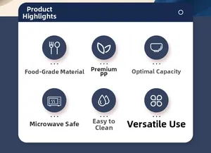 Detail card showing food-grade PP material, microwave safe features and easy-clean design