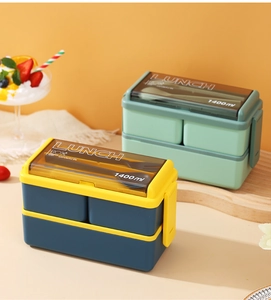 Detail of 1400ml double-layer lunch box with cutlery compartment and secure lids