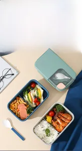 Three-grid bento box showing internal compartments and built-in utensil storage lid