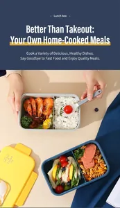 Zweifach unterteilte Lunchbox mit Löffel, Details in Blau und Grau für Mahlzeiten