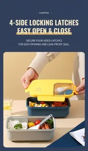 Details der unterteilten Lunchbox mit gelbem Deckel, Verschlüssen und Besteckfach