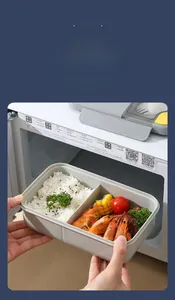 Detail of microwave-safe dual compartment lunch box with built-in cutlery storage
