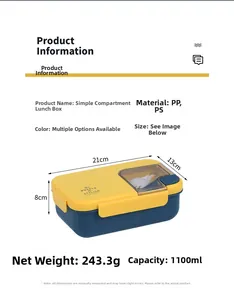 Detailed view of 1100ml bento lunch box with dimensions and multi-compartment design