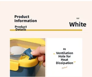 Detail of the blue lunch box featuring a yellow lid with a functional steam vent plug