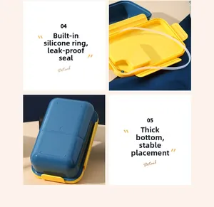 Detail of blue bento box featuring a silicone sealing ring and thickened stable base