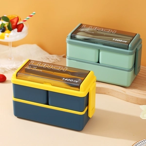 Portable Double Layer Bento Lunch Box Food Grade Plastic Microwave Safe With Cutlery Compartments Phone Holder