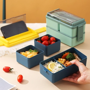 Green and blue double-layer 1400ml bento box with lid and mobile phone holder function