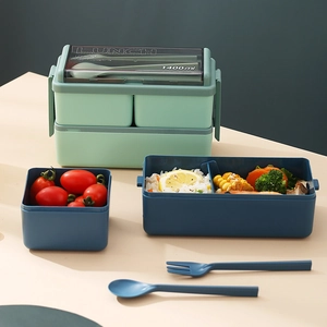 Double-layer 1400ml bento lunch box in mint green and navy with cutlery set