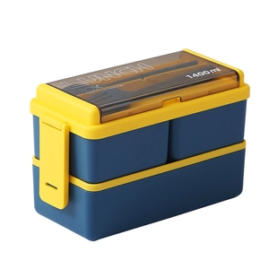 Double-layer 1400ml bento box with blue and yellow contrast design and cutlery set