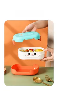 Detail of multi-layer cartoon lunch box with compartments and metal utensils