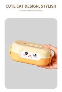 Close-up of cute cat-shaped bento box featuring wide orange locks and food-grade material
