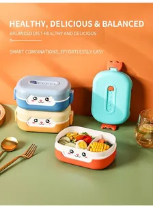 Cartoon cat bento box with divided compartments for kids meal prep in three colors