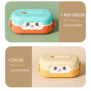 Detail of cute cat-shaped bento boxes with secure handles and vibrant split-color designs