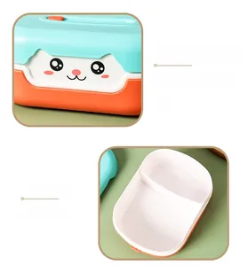 Detail view of cartoon cat design and internal grid sections of a portable lunch box
