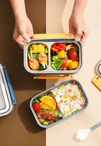 Detail of double layer SUS 304 stainless steel lunch box showing internal food compartments