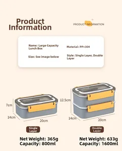 Detailed size chart showing dimensions for single and double layer stainless steel lunch boxes
