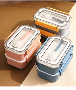 Boîte bento double couche avec compartiment à ustensiles et loquets latéraux sécurisés