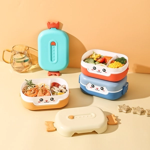 Stackable cartoon cat kids lunch box with divided compartments and candy-shaped latches