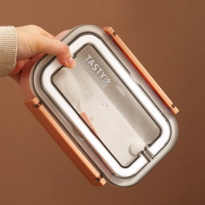 Boîte à bento en acier rose avec couvercle transparent hermétique et cuillère à déjeuner