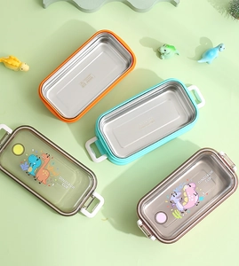 Detail von farbenfrohen SUS304 Edelstahl-Lunchboxen mit niedlichen Cartoon-Dinosaurier-Motiven