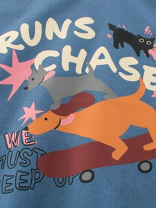 Kids blue cotton T-shirt featuring cartoon dogs and RUNS CHASE print for summer