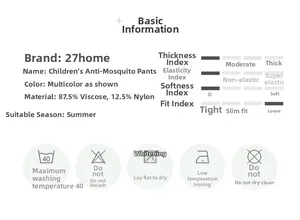 Size chart and fabric details of 87.5% viscose summer mosquito pants for kids