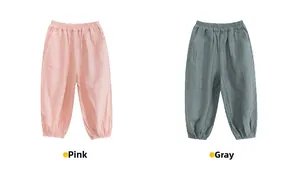 Detail of pink and grey cotton mosquito pants with elastic waistband and cuffs for kids